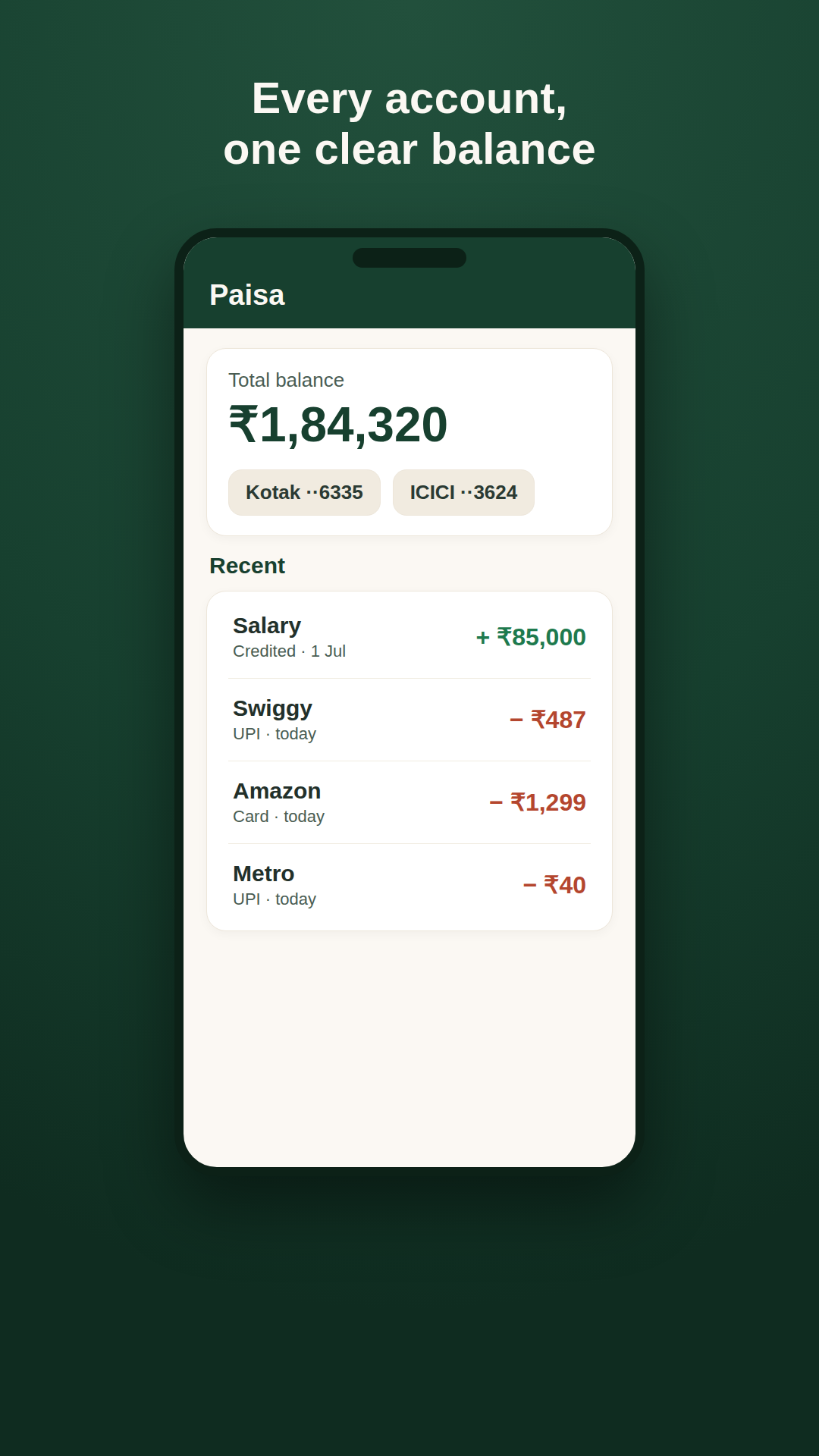 Paisa home dashboard